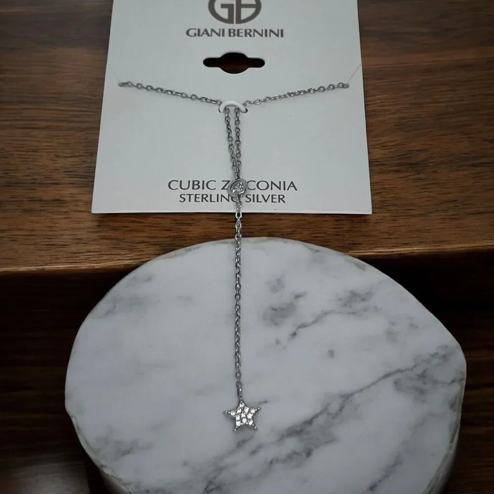 Sterling Silver Chain Drop CZ Necklace Star Pendant Chic Shiny Style Trendy NEW